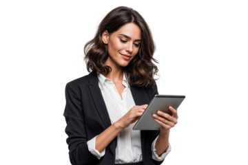 Businesswoman using a digital tablet. Isolated on transparent background, ideal for business, technology, and professional workplace concepts