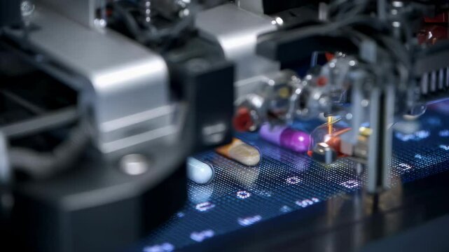 Pharmaceutical industry machinery prints quantum dot tags on a row of colorful pills placed on a digital display, enhancing traceability and security in drug manufacturing