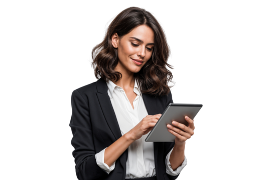 Businesswoman using a digital tablet. Isolated on transparent background, ideal for business, technology, and professional workplace concepts - Powered by Adobe