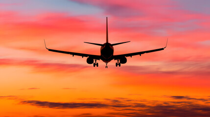 Passenger airplane against sunset sky, journey into vibrant horizons