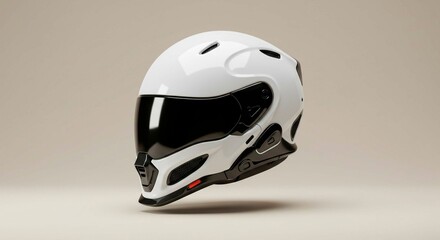 Close up of a futuristic white motorcycle helmet with a dark visor on display