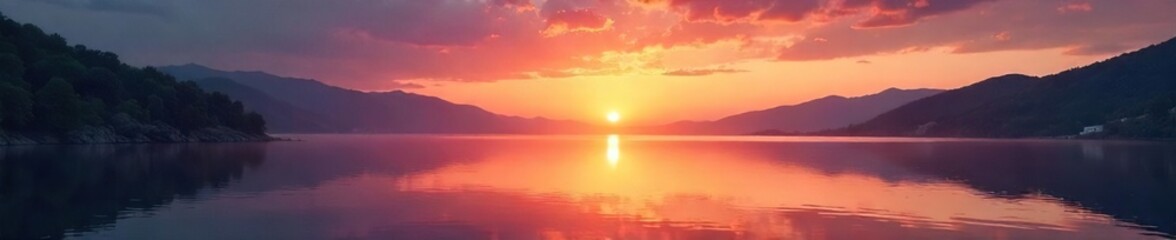 Vibrant sunrise over a tranquil lake, reflecting a peaceful and healthy atmosphere Perfect for wellbeing, mindfulness, serenity, and nature themes , vibrant, relaxation, beauty