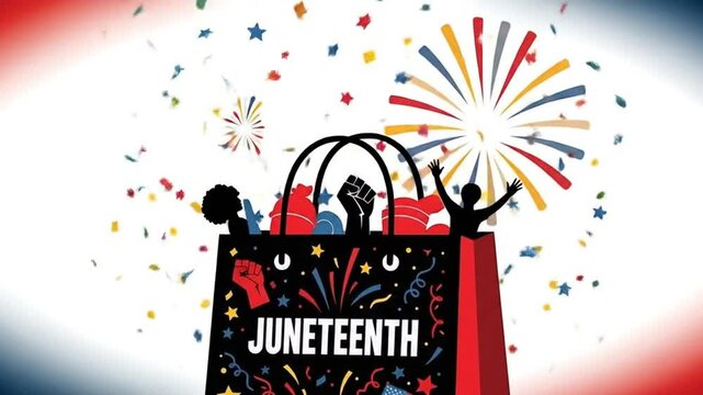 Juneteenth Celebration Shopping Bag: A Festive Vector Illustration of Black Empowerment, History, and Freedom Represented with Fireworks, Stars, and Patriotic Symbols