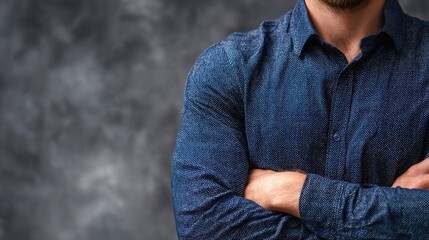 Confident Businessman in Modern Deep Blue Shirt with Arms Crossed