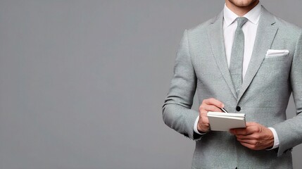 Professional Businessman in Grey Suit Holding Notepad in Studio