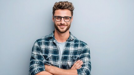 Confident Entrepreneur in Casual Shirt with Glasses Smiling at Camera