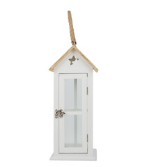 Wooden house box with candles and a hanging rope cut out isolated transparent background