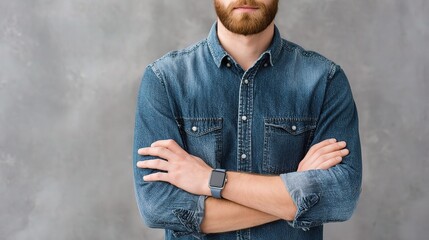 Young Professional Wearing Denim Shirt and Smartwatch Against Gray Background