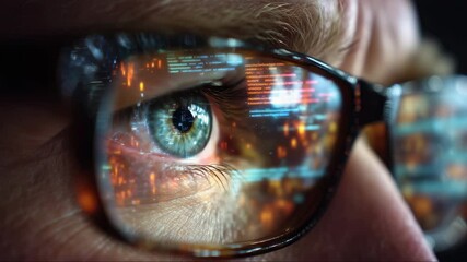 Close-up of a male eye reflecting code lines and digital interface on glasses, concept of cybersecurity, data analysis, AI monitoring, futuristic surveillance, macro cinematic shot - Powered by Adobe