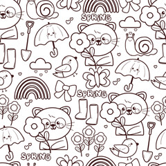 seamless pattern cartoon cat with flowers and spring stuff. cute black and white animal pattern for wallpaper, background and gift wrap paper