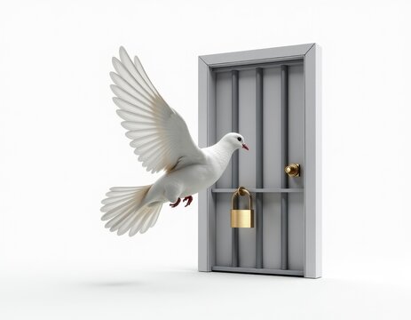 White Dove Flying Towards Locked Door - Freedom, Hope, and Release Concept - Powered by Adobe