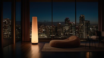 A modern illuminated lamp in a luxurious urban apartment at night
