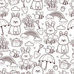 seamless pattern cute cartoon bunny with bees and spring stuff. cute black and white animal drawing for spring wallpaper and background