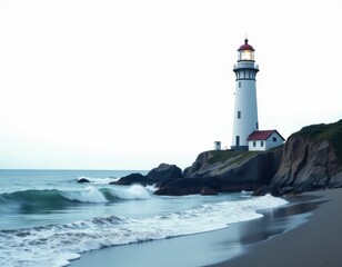 Serene Coastal Lighthouse at Dusk, Dramatic Ocean Waves Crashing on Rocky Shore