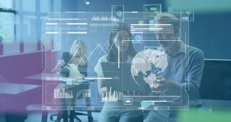 Colleagues typing on laptop and causing tech UI animating chart and rotating globe for analysis - Powered by Adobe