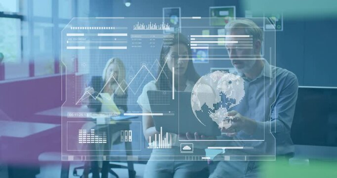 Colleagues typing on laptop and causing tech UI animating chart and rotating globe for analysis
