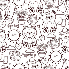 seamless pattern cute cartoon bear with flower and water pot. cute black and white animal drawing for spring wallpaper and background