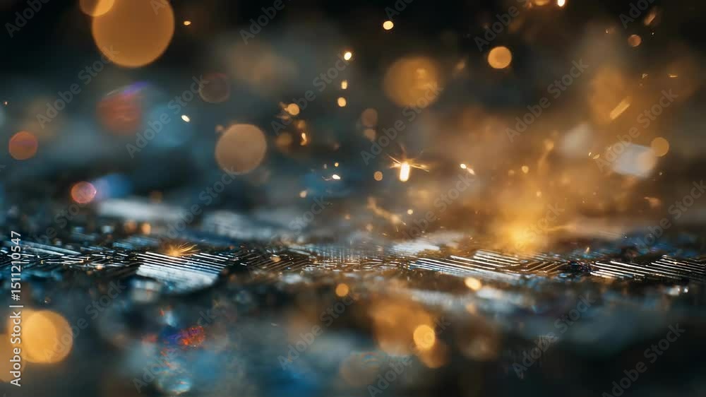 Aufkleber luminous particles gently cascading and bouncing across electronic circuit board surface, generating
