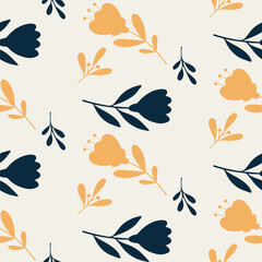Seamless Floral Pattern with Navy and Yellow Flowers on Cream Background