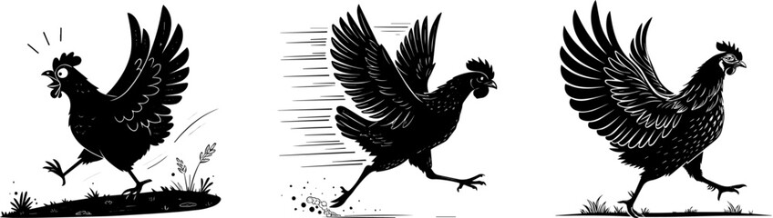 Funny Running Chicken Silhouettes, Comical Black Hen Vector Clipart for Farm and Cartoon Designs