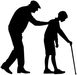 Elderly Man Helping Disabled Child Silhouette, Generational Support and Compassion Vector Illustration