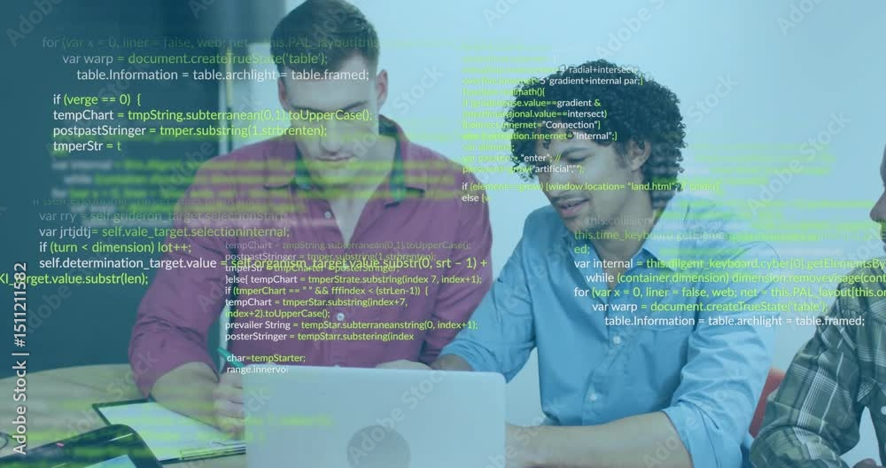 Poster two developers note-taking and pointing at laptop code, coding meeting with drifting code lines
