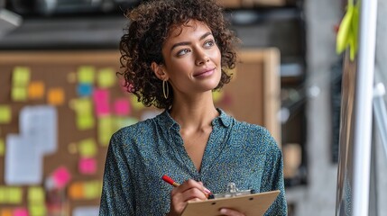 Businesswoman Standing and Making Notes in a Notepad