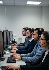 Employees Using Computers With Headsets In A Call Center Office