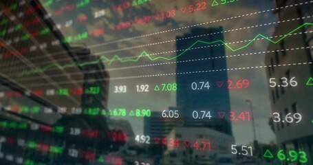 On start, stock ticker overlay animating over tower updating arrows and graph to show volatility - Powered by Adobe