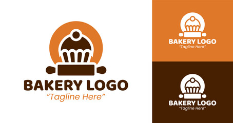 Modern Bakery Logo with Cupcake and Rolling Pin Design