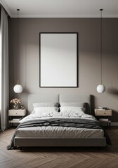 Realistic Bedroom Interior with Modern Bed Design and Minimalist Art