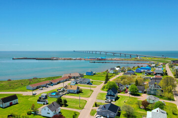 Aerial View of Coastal City and confederal bridge in Prince Edward Island, Canada. High quality...