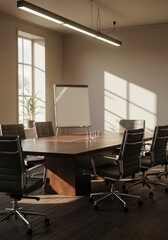 Fototapeta premium Realistic Empty Conference Room with Wooden Table and Bright Window