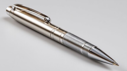 silver ballpoint pen isolated on high light white background