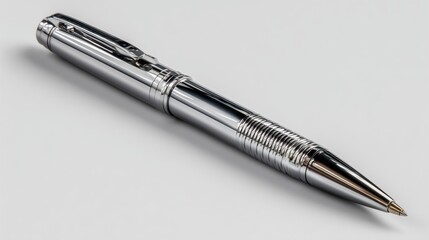 silver ballpoint pen isolated on high light white background