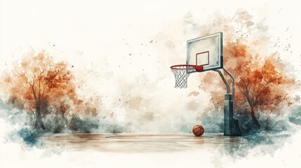 A watercolor basketball court with a hoop and ball, surrounded by autumn trees in a serene outdoor setting.