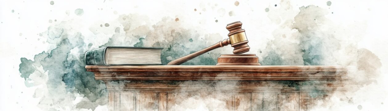 A judge"s gavel and law book sit on a wooden desk, symbolizing justice and legal proceedings in a watercolor style.