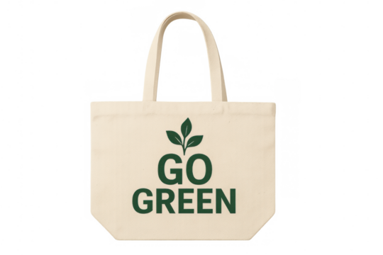 Eco-friendly tote bag featuring go green message and leaf symbol, promoting sustainability on transparent background