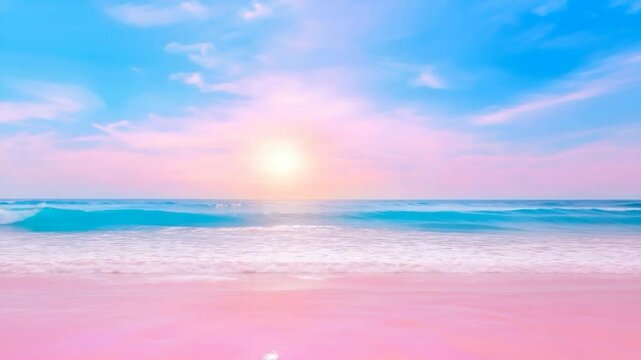 Pink Beach Paradise: Dreamlike Sunset over Serene Ocean Waves