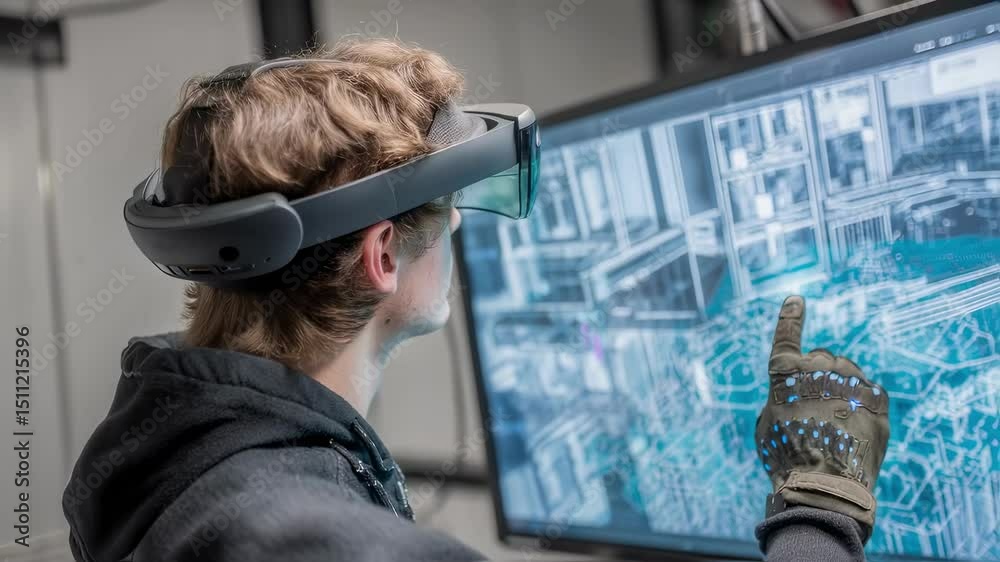Poster young engineer wearing augmented reality headset interacts with a 3d model displayed on a computer s
