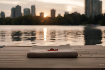 outdoor picnic, lake-side picnic at sunset with a canadian flag blanket, exuding a tranquil holiday atmosphere