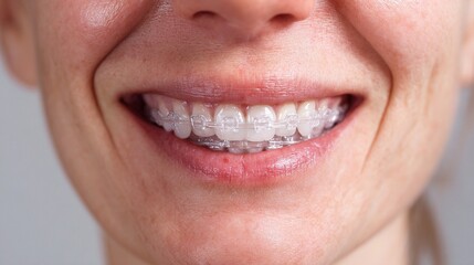 Fototapeta premium Smiling Portrait of a Woman with Clear Braces and Genuine Happiness