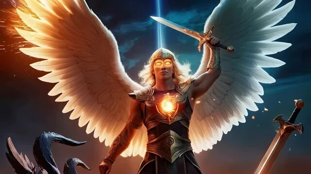 A celestial Saint Michael archangel warrior with glowing eyes and large white wings is standing triumphantly over a fallen demon, holding a sword high in the air