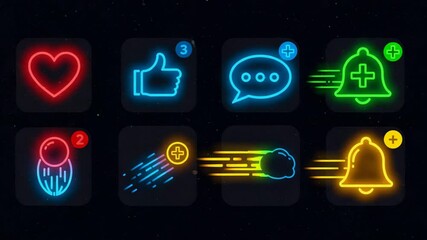 Neon social media icons with notifications in dark background   - Powered by Adobe