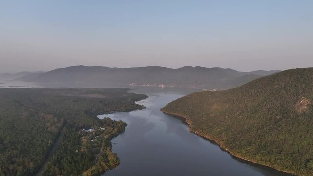 Florianopolis in Santa Catarina during a wonderful sunrise. Mo&ccedil;ambique Beach in aerial view.