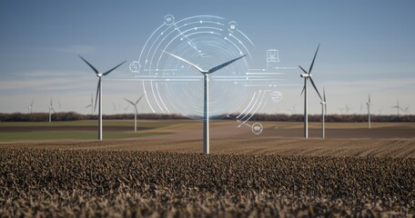 A field of wind turbines under a clear sky, with a central turbine overlaid by a futuristic, circular technological interface symbolizing data monitoring and smart energy management