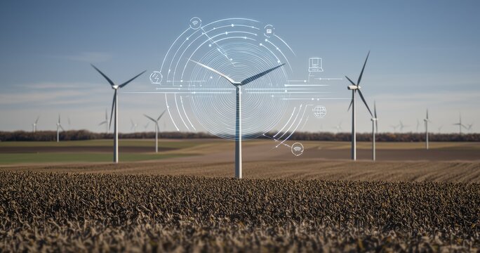 A field of wind turbines under a clear sky, with a central turbine overlaid by a futuristic, circular technological interface symbolizing data monitoring and smart energy management