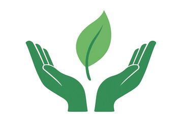 Obraz premium Two green hands holding a green leaf on a transparent background, representing environmental protection and sustainability