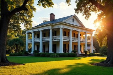 Grand antebellum plantation house with sprawling columns, lush gardens, and a wide veranda, bathed in golden sunlight A picturesque example of Southern architecture , ornate, sky, idyllic