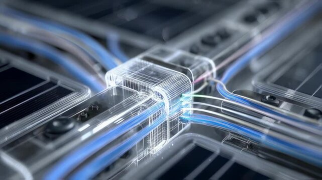 Transparent junction box reveals intricate wire and diode connections, highlighting the complex technology behind energy conversion for space applications